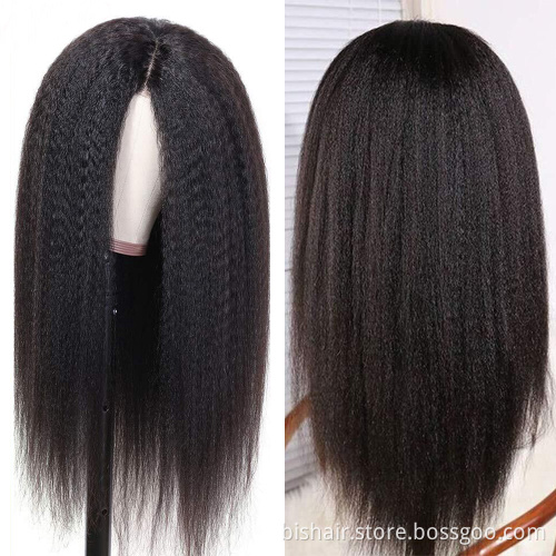 wholesale kinky straight 4x4 transparent lace frontal human hair wig for black women with 12a 150 density yaki human hair wig